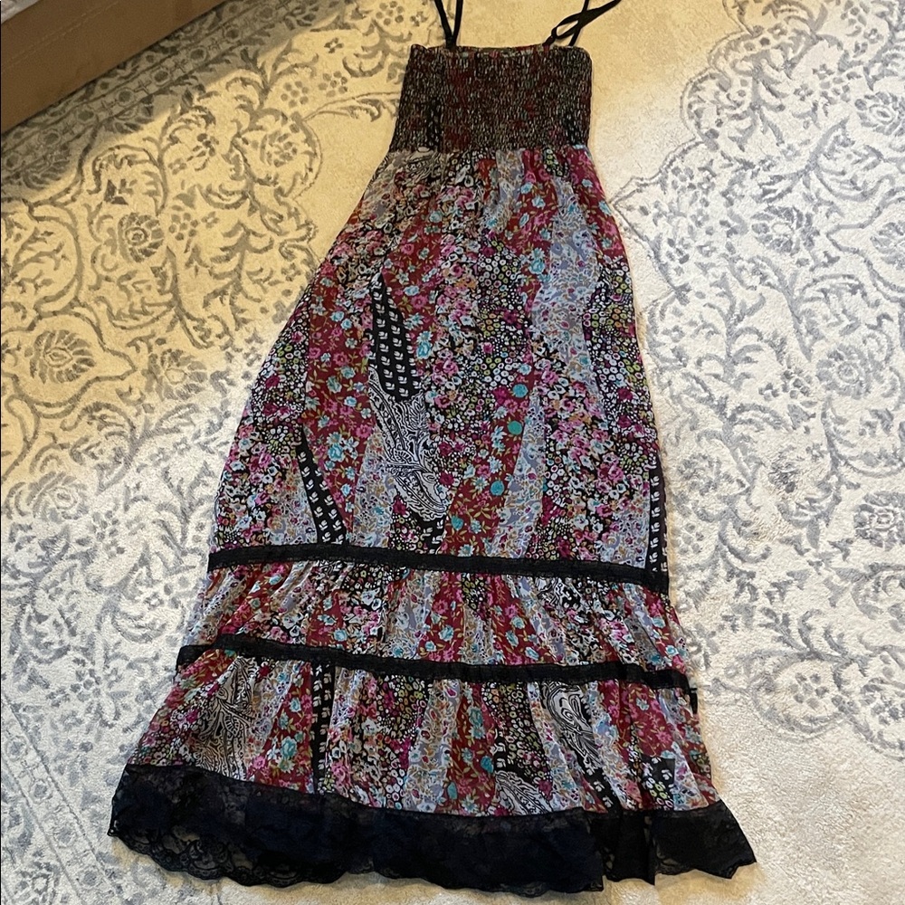 Floral Maxi Dress with Black Lace Trim